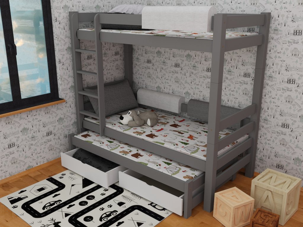 Patrová postel z masívu Pati s přistýlkou  90x200
